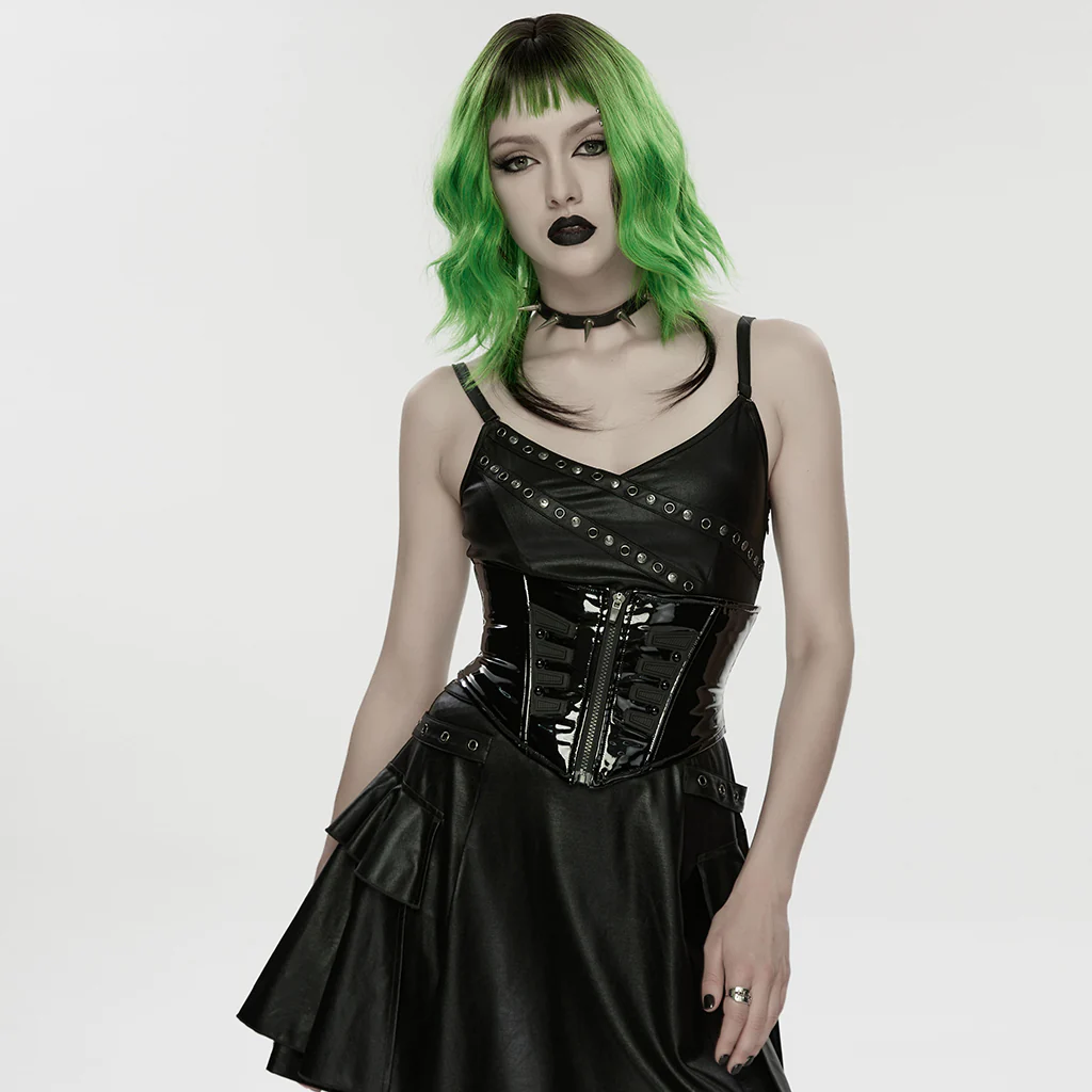 WS-862YDF Edgy Black Vinyl Punk Corset With Lace-up Front Detailing - Image 5