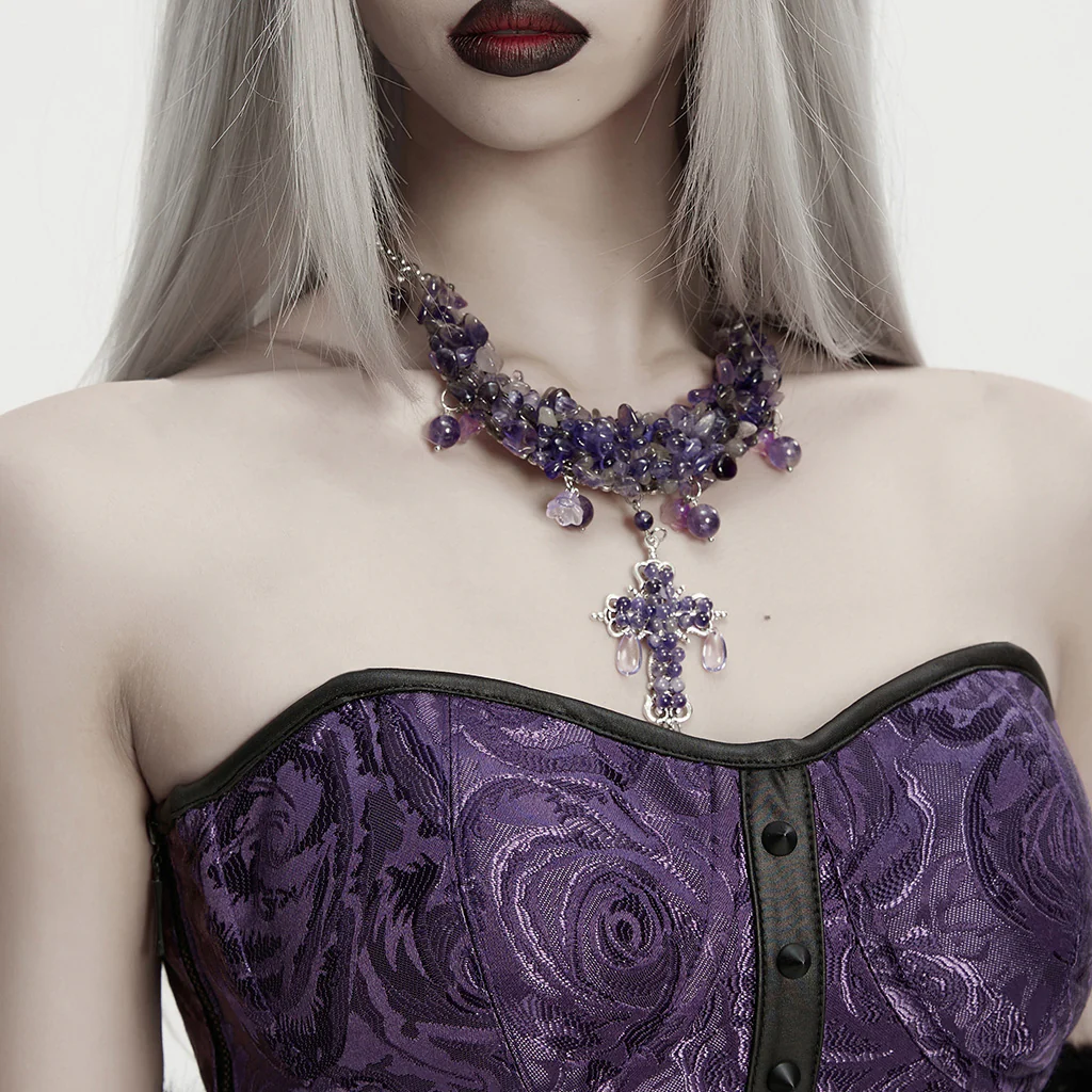 WS-866LHF Gothic Accessories Amethyst Crystal Cross Necklace Choker Elegant Statement - Image 3