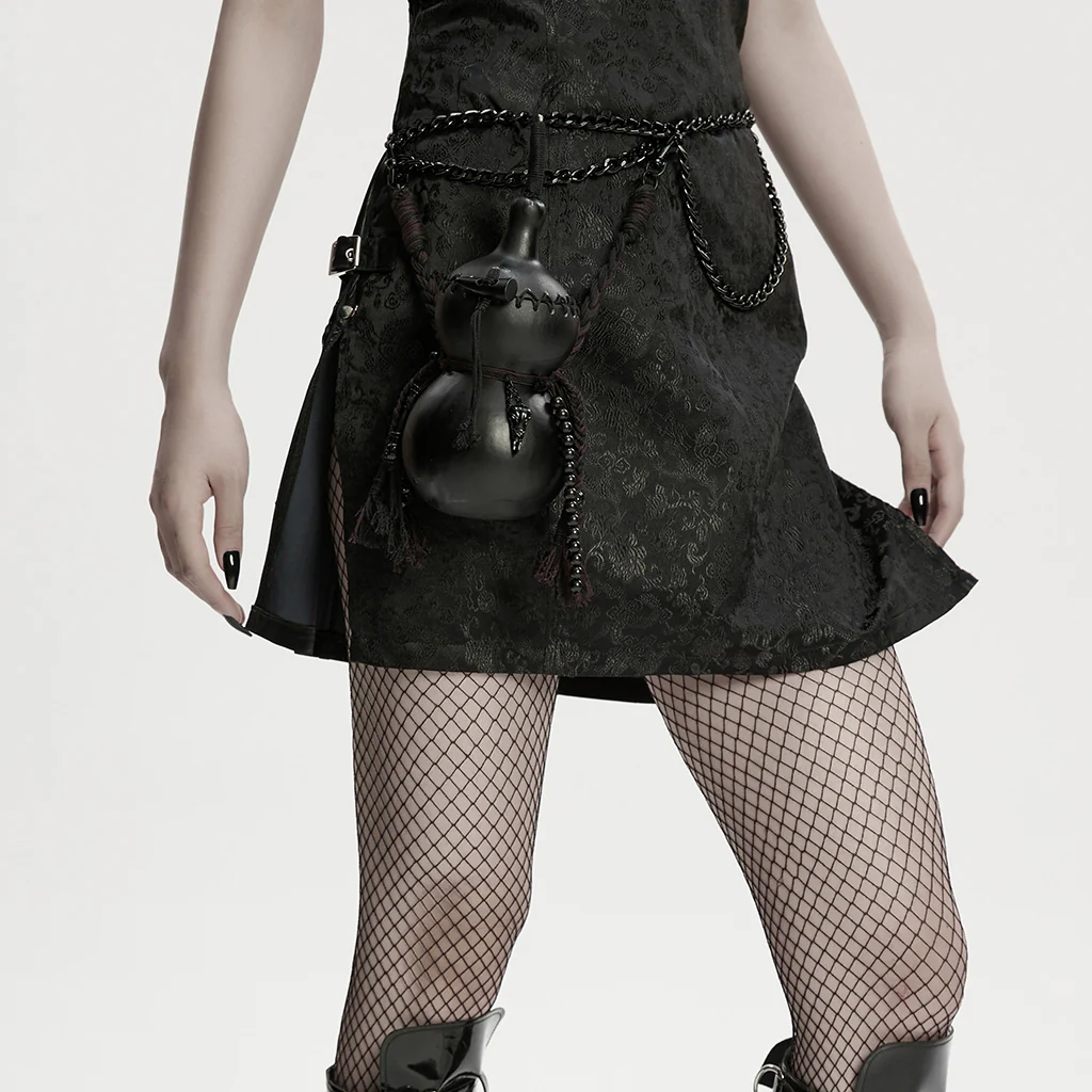 WS-870BB Gothic Accessories Dual-Chamber Leather Flask with Chains and Tassels - Image 4