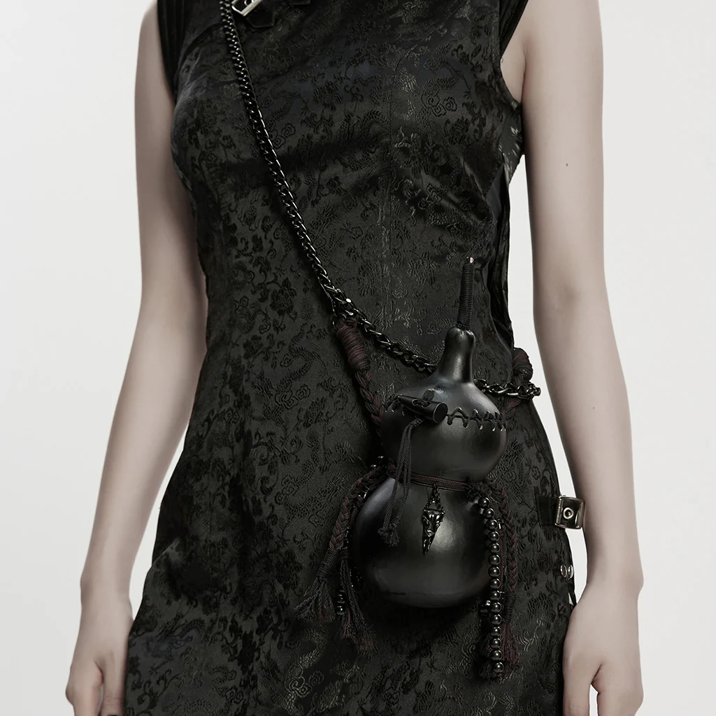 WS-870BB Gothic Accessories Dual-Chamber Leather Flask with Chains and Tassels - Image 5