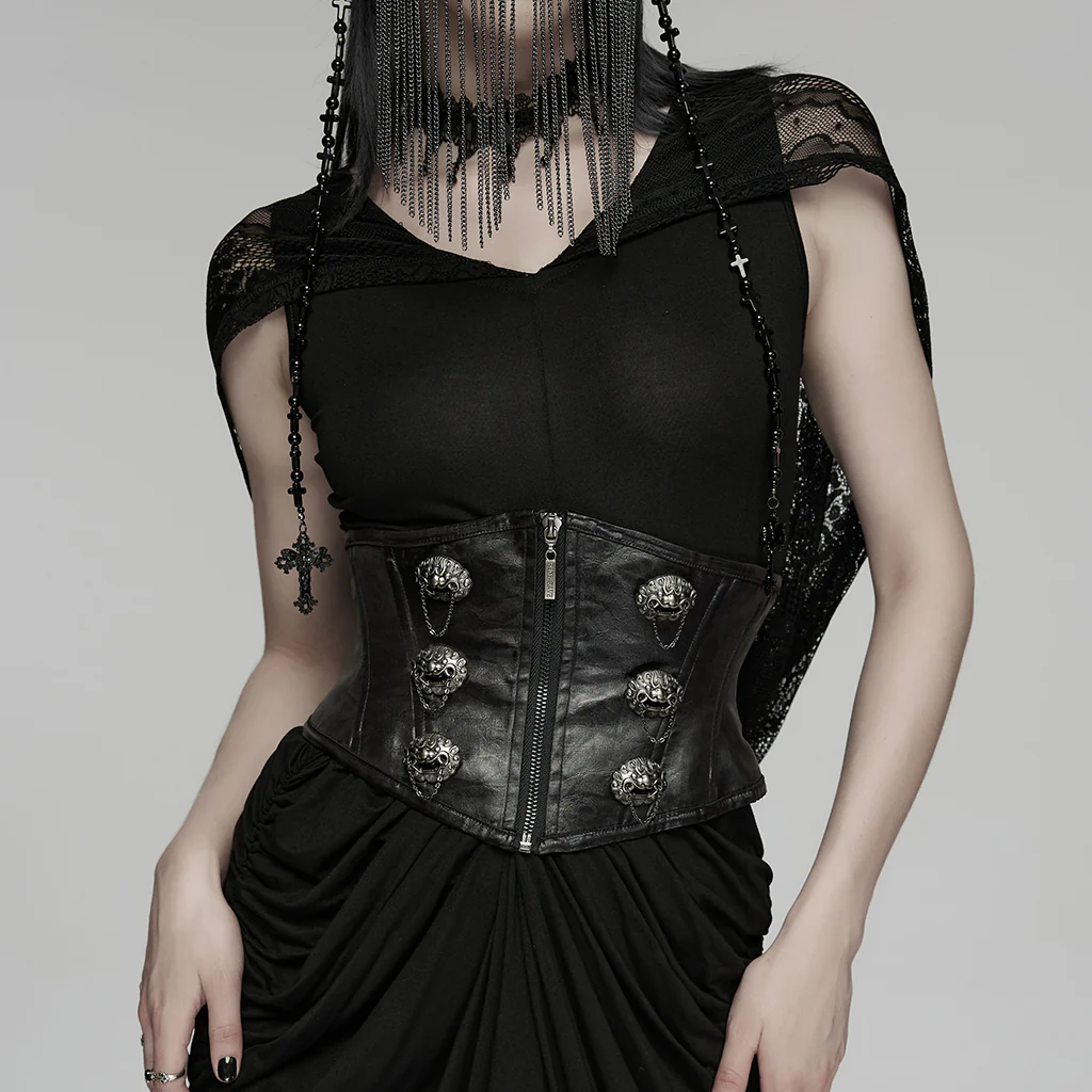 WS-875YDF Edgy Punk Corset Black Leather Lace-Up Waist Cincher - Image 4