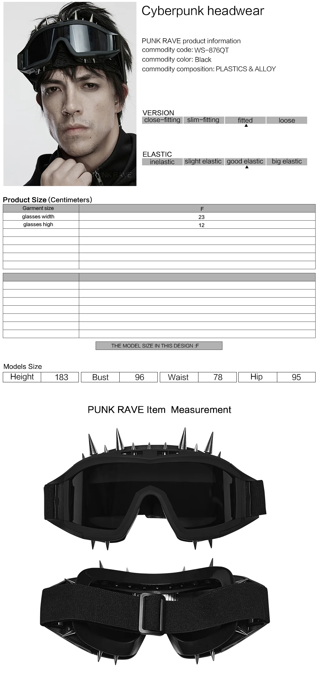 WS-876QT Punk Accessories Black Spiked Goggles Adjustable Strap Statement Eyewear - Image 2
