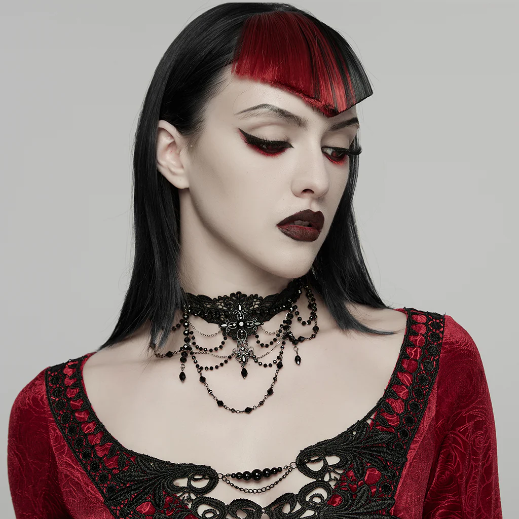 WS-896LHF Gothic Statement Necklace Black Beaded Lace Chain Choker - Image 3
