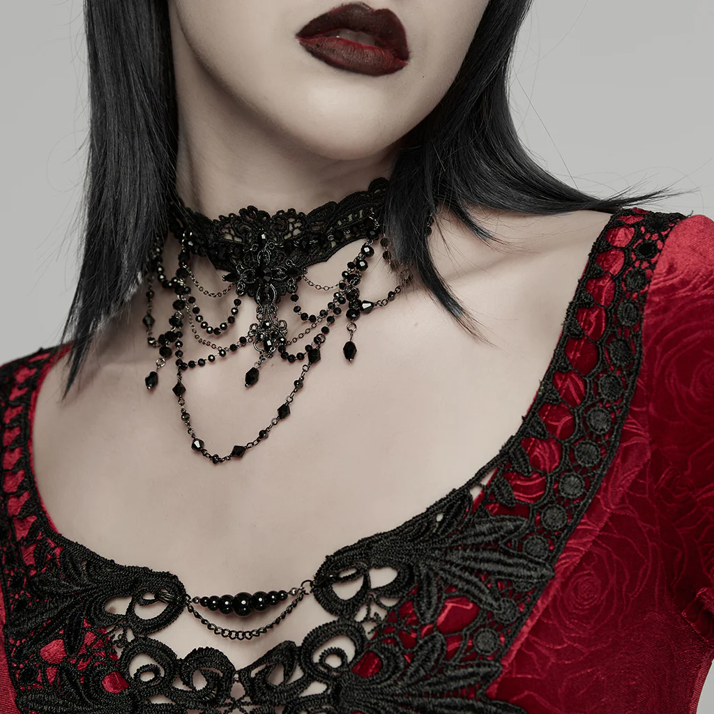 WS-896LHF Gothic Statement Necklace Black Beaded Lace Chain Choker - Image 4