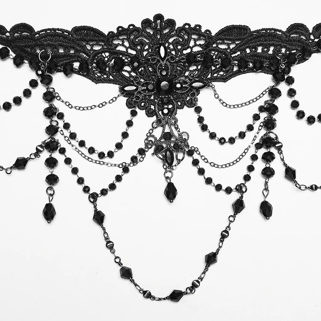 WS-896LHF Gothic Statement Necklace Black Beaded Lace Chain Choker - Image 8