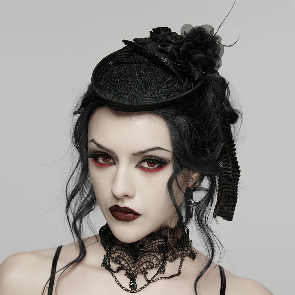 WS-901MZF Gothic Accessories Black Veil Fascinator with Floral Lace Details - Image 3