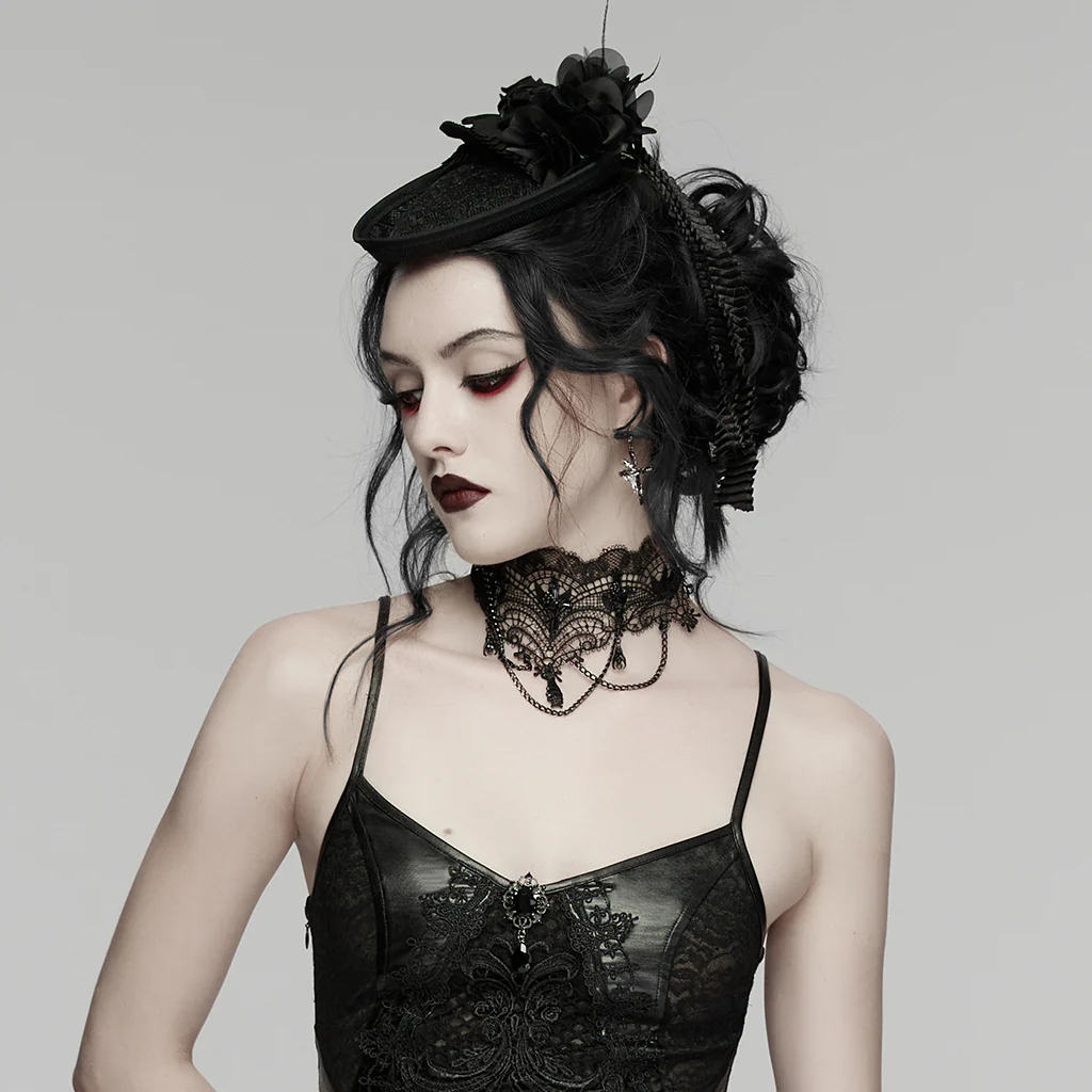 WS-901MZF Gothic Accessories Black Veil Fascinator with Floral Lace Details - Image 4