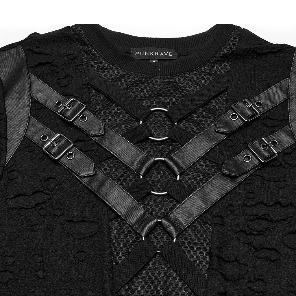 WT-1005TDM Edgy Black Mesh Buckle Punk T-Shirts for Men - Image 7