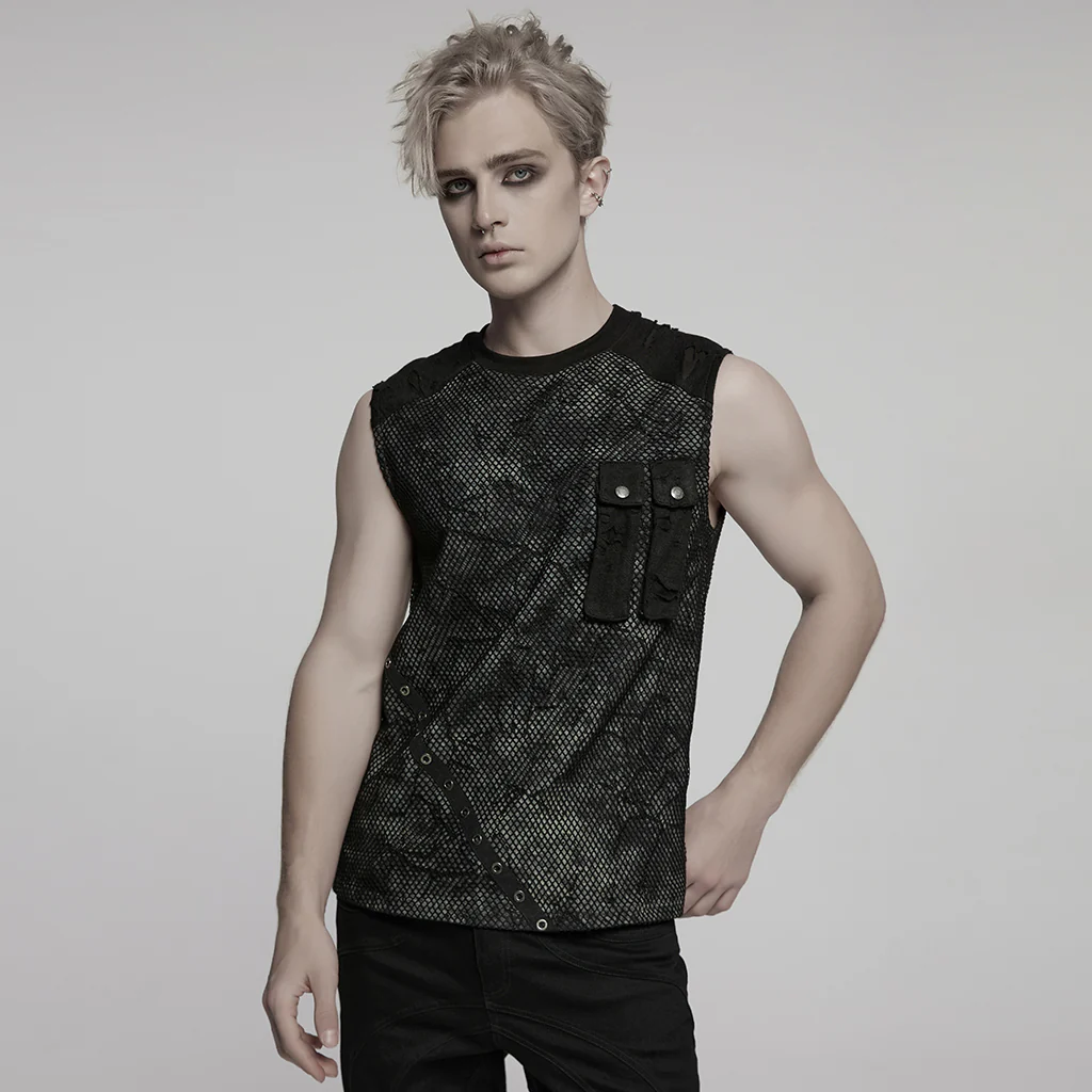 WT-1007BXM Edgy Punk Vests with Rivet Detailing and Chest Pocket Design