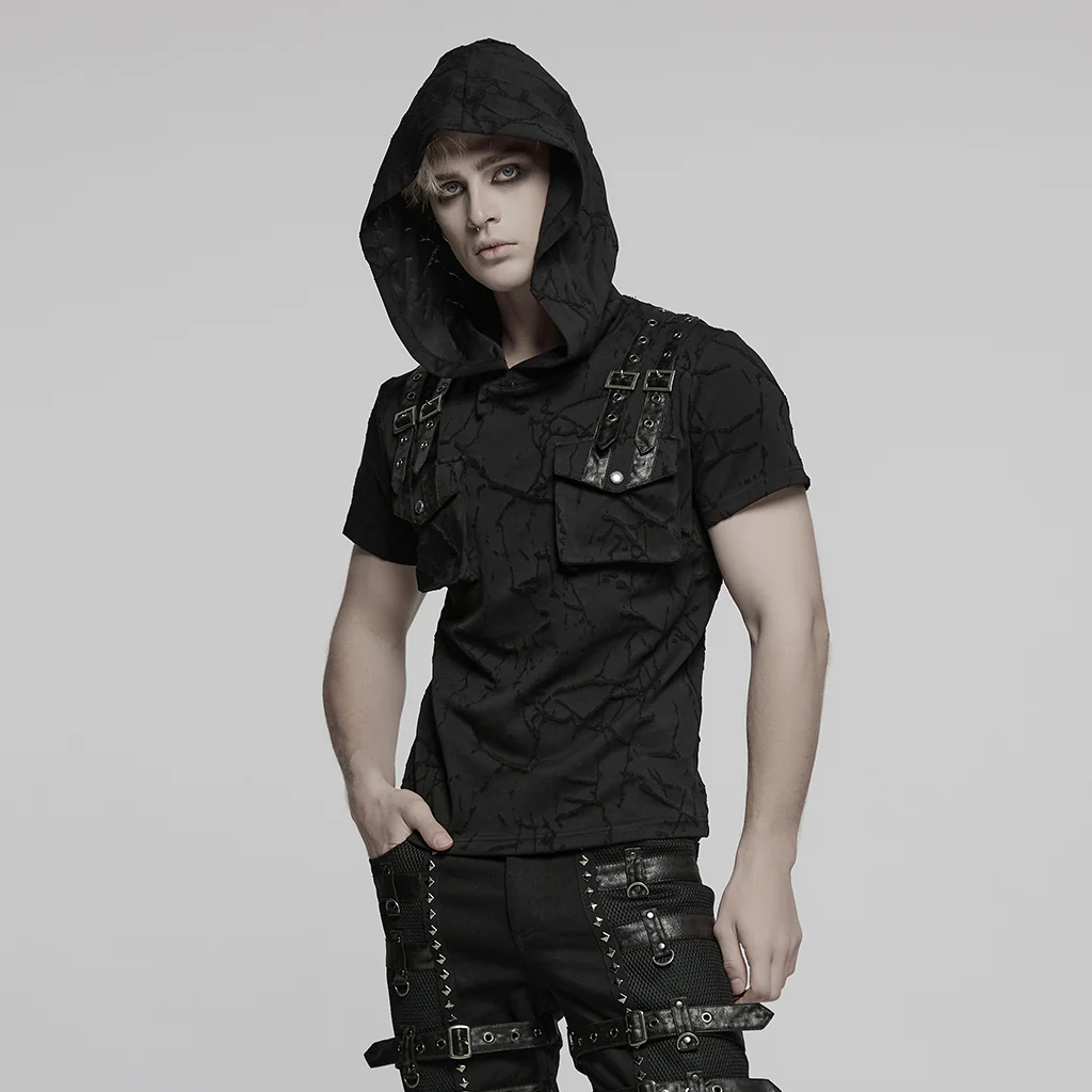 WT-1008DQM Edgy Hooded Punk T-Shirts with Buckle Strap Detailing - Image 14