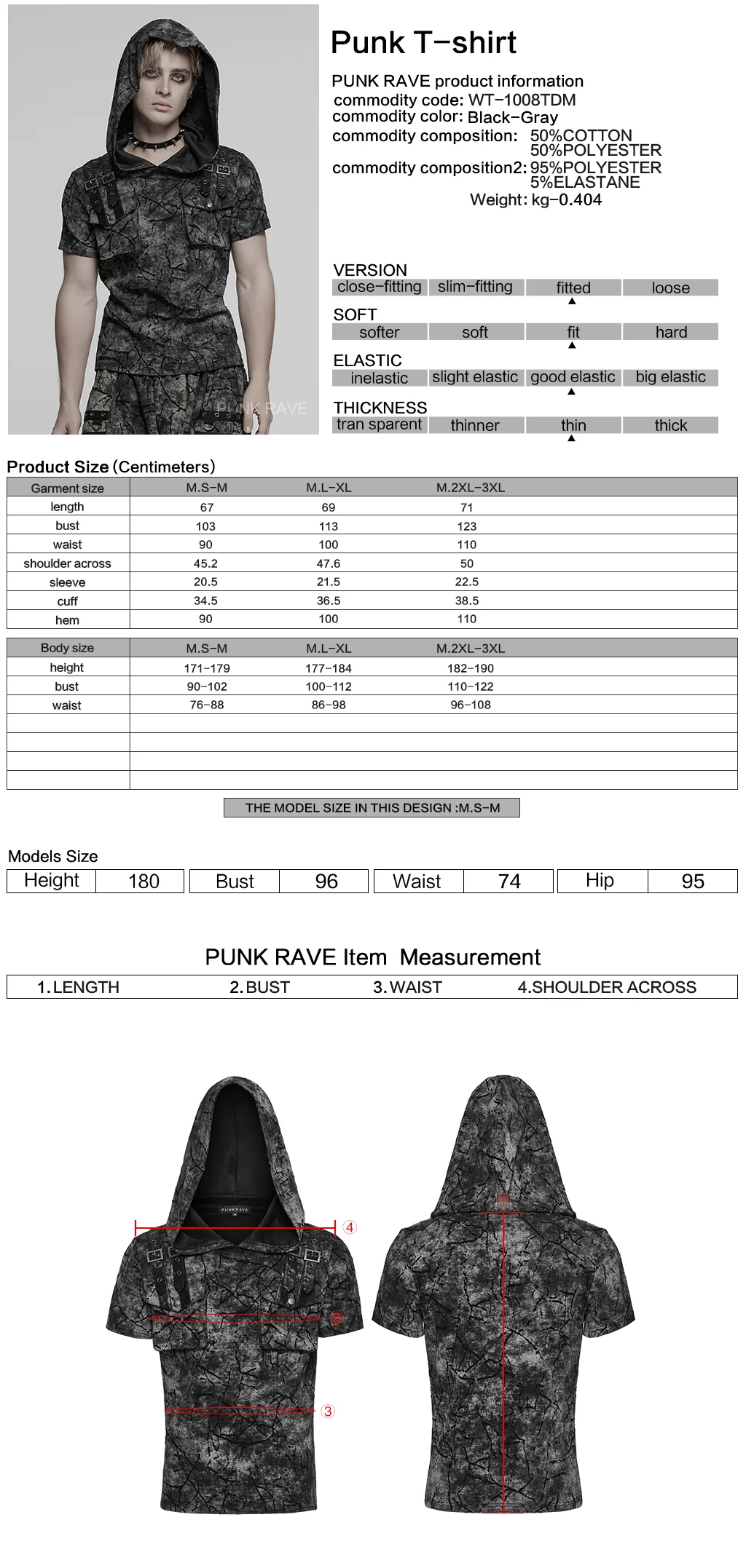 WT-1008DQM Edgy Hooded Punk T-Shirts with Buckle Strap Detailing - Image 2
