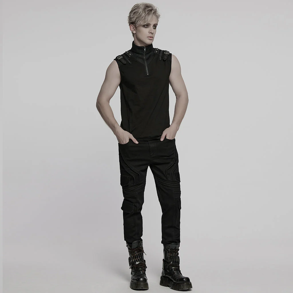 WT-1009BXM Punk T-Shirts Sleeveless Zippered High-Collar Buckled Shoulder Style - Image 15