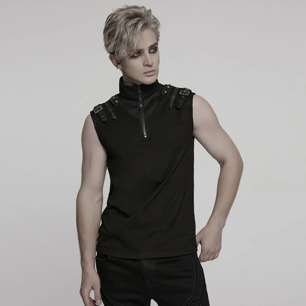WT-1009BXM Punk T-Shirts Sleeveless Zippered High-Collar Buckled Shoulder Style - Image 21
