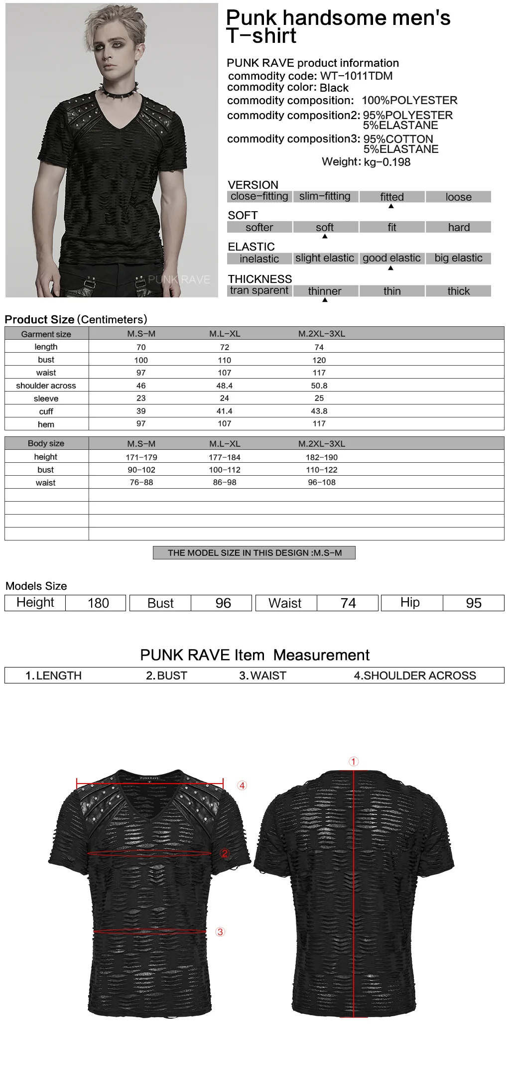 WT-1011TDM Edgy Distressed Studded Black Punk T-Shirts V-Neck Design - Image 2