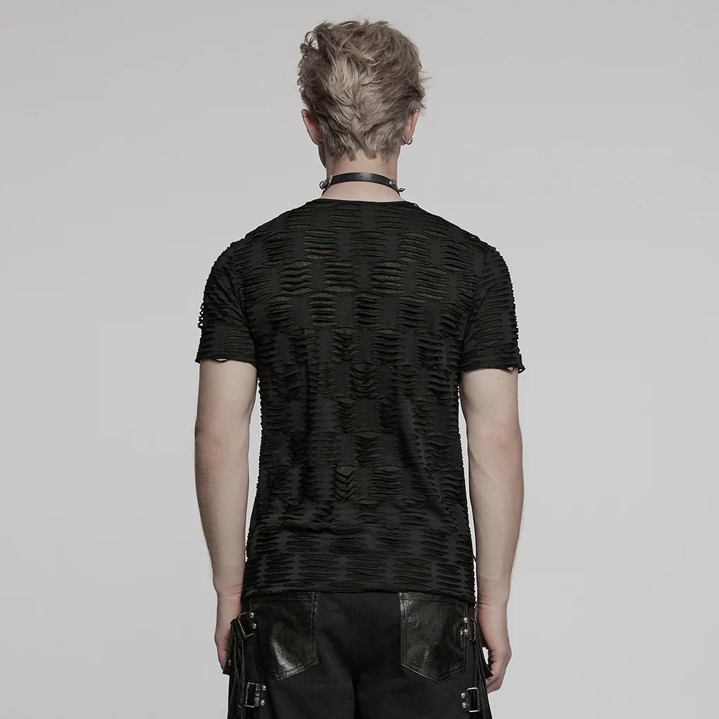 WT-1011TDM Edgy Distressed Studded Black Punk T-Shirts V-Neck Design - Image 5