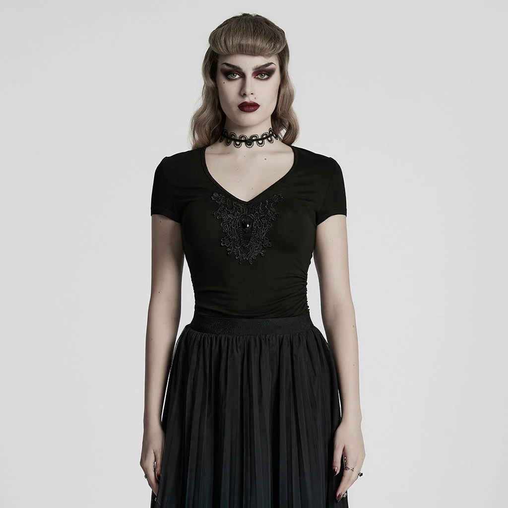 WT-1013TDF Gothic T-Shirts V-Neck Black Lace Embellished Top - Image 21