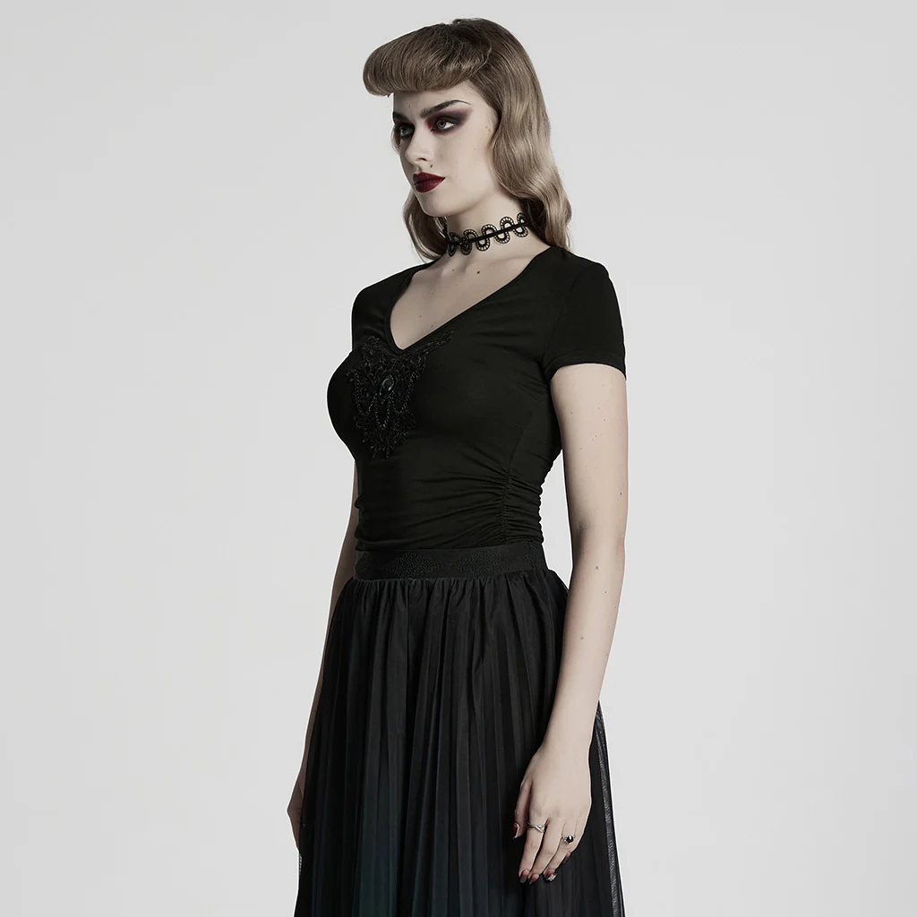WT-1013TDF Gothic T-Shirts V-Neck Black Lace Embellished Top - Image 3