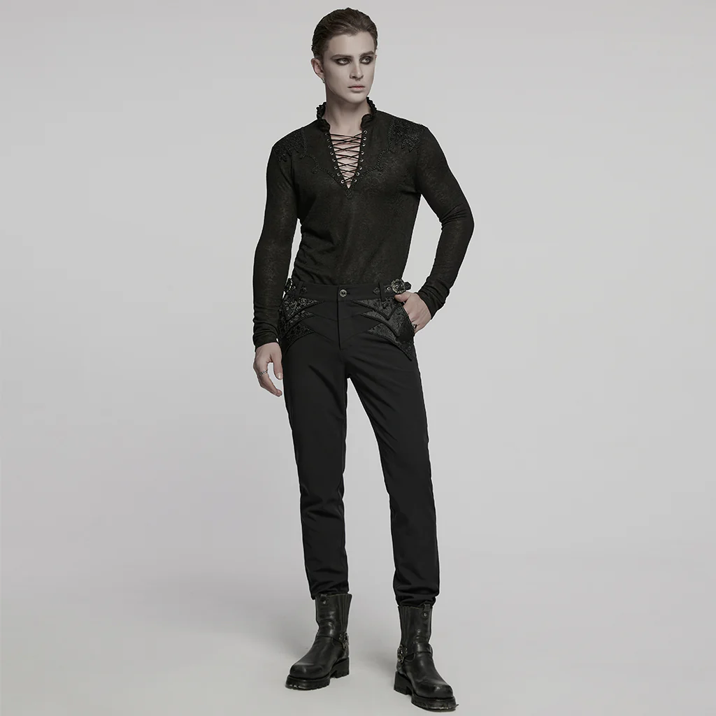 WT-1015TCM Gothic T-Shirts Lace-Up Embroidered Long Sleeve Top Men - Image 10