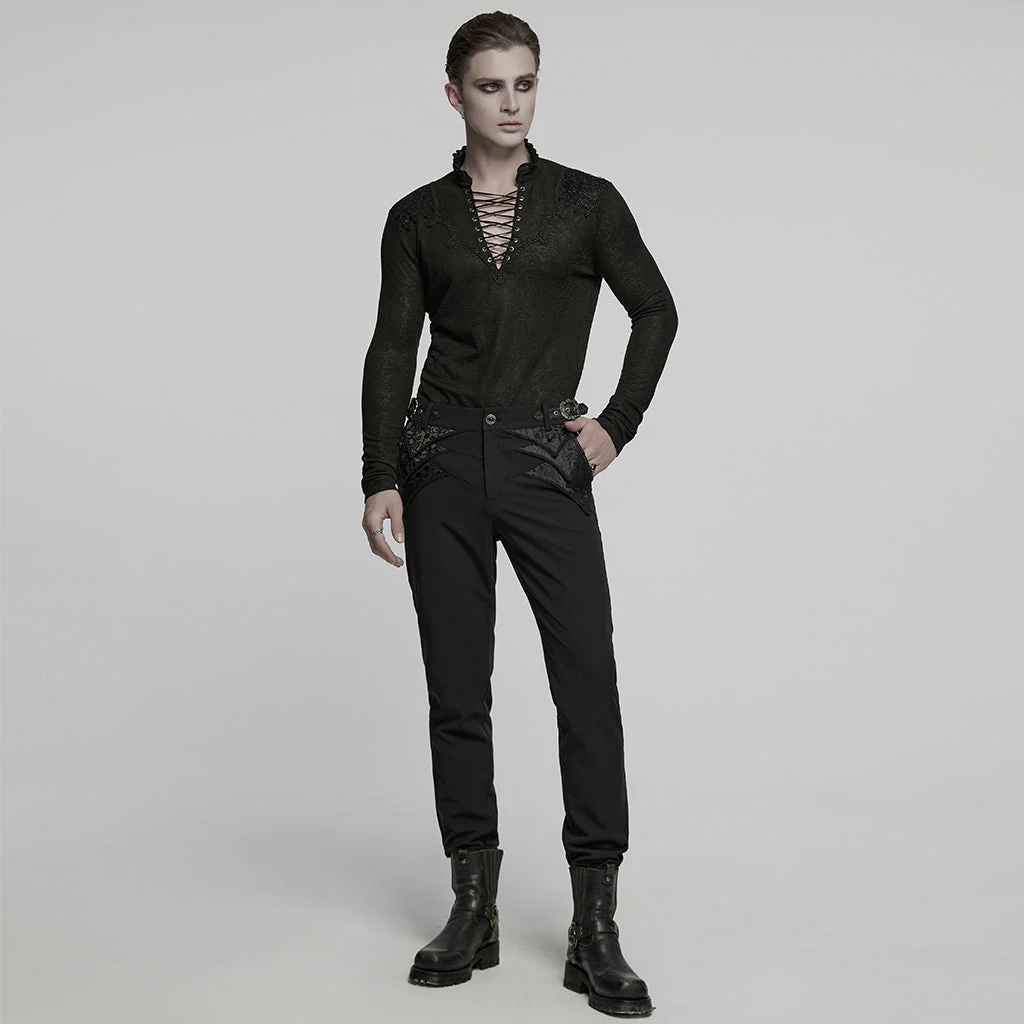 WT-1015TCM Gothic T-Shirts Lace-Up Embroidered Long Sleeve Top Men - Image 20