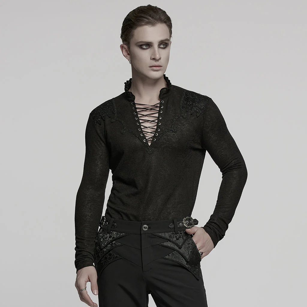 WT-1015TCM Gothic T-Shirts Lace-Up Embroidered Long Sleeve Top Men - Image 21