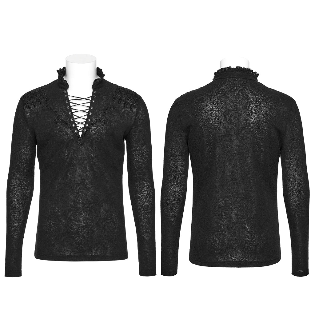 WT-1015TCM Gothic T-Shirts Lace-Up Embroidered Long Sleeve Top Men - Image 5