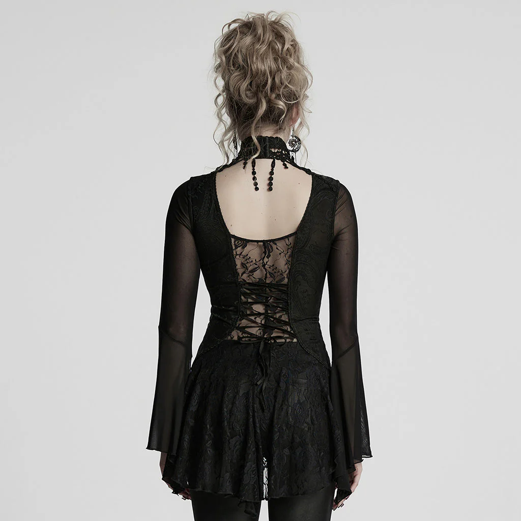 WT-1019TCF Gothic T-Shirts Lace Embroidered Sheer Sleeve Elegance Top - Image 14