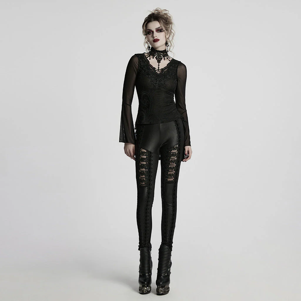 WT-1019TCF Gothic T-Shirts Lace Embroidered Sheer Sleeve Elegance Top - Image 15