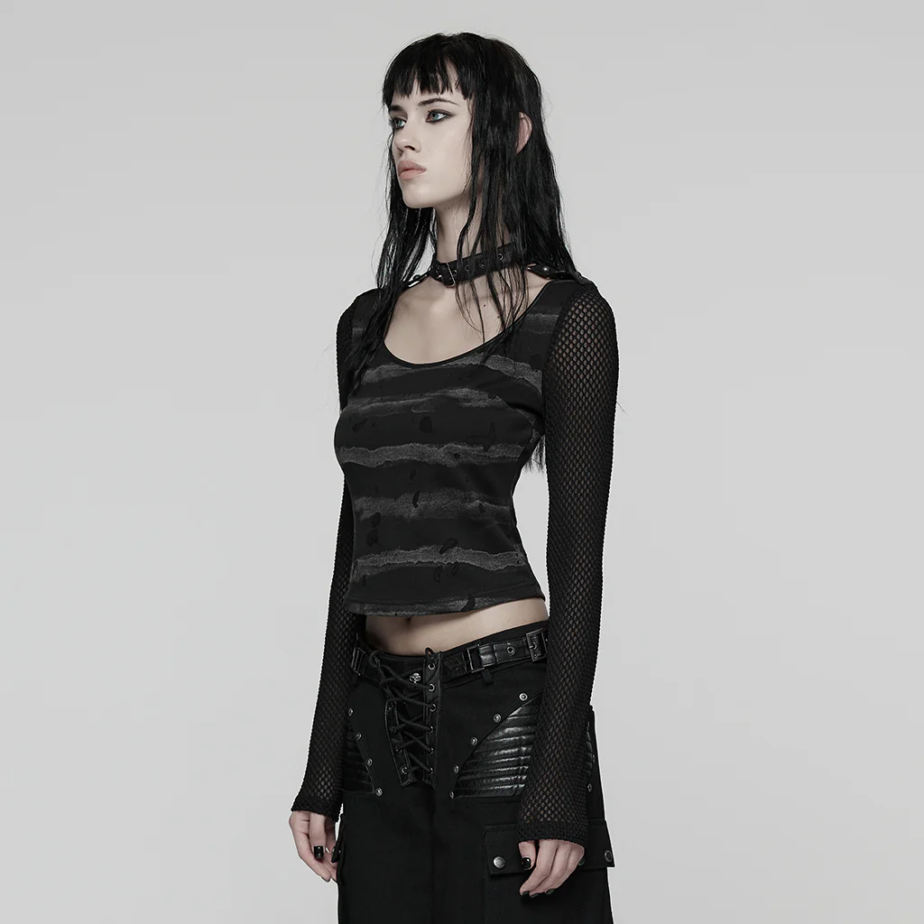 WT-1022TCF Edgy Gothic T-Shirt with Mesh Sleeves and Distressed Stripes - Image 14