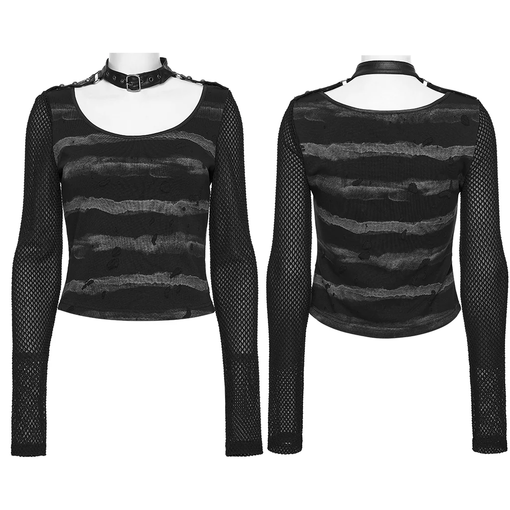 WT-1022TCF Edgy Gothic T-Shirt with Mesh Sleeves and Distressed Stripes - Image 17