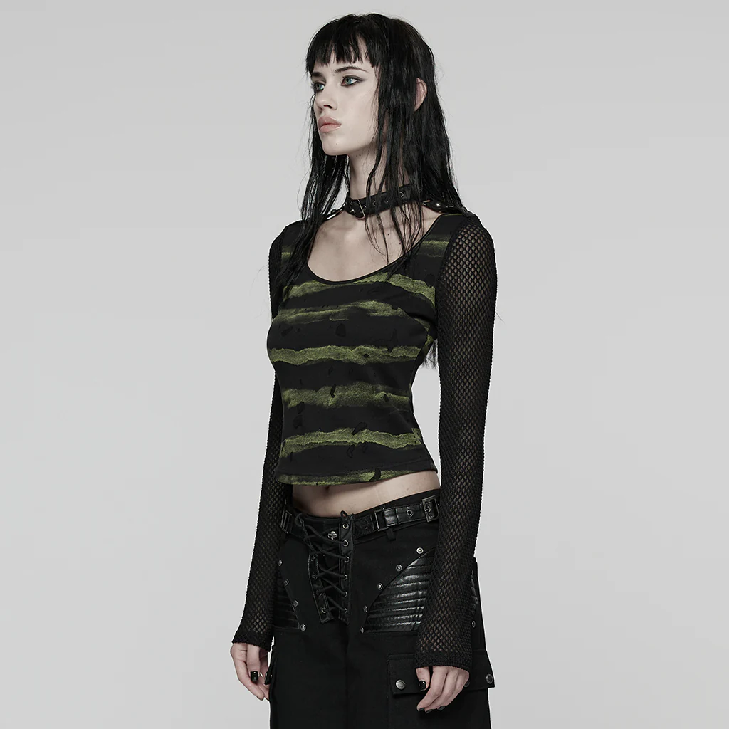 WT-1022TCF Edgy Gothic T-Shirt with Mesh Sleeves and Distressed Stripes - Image 3