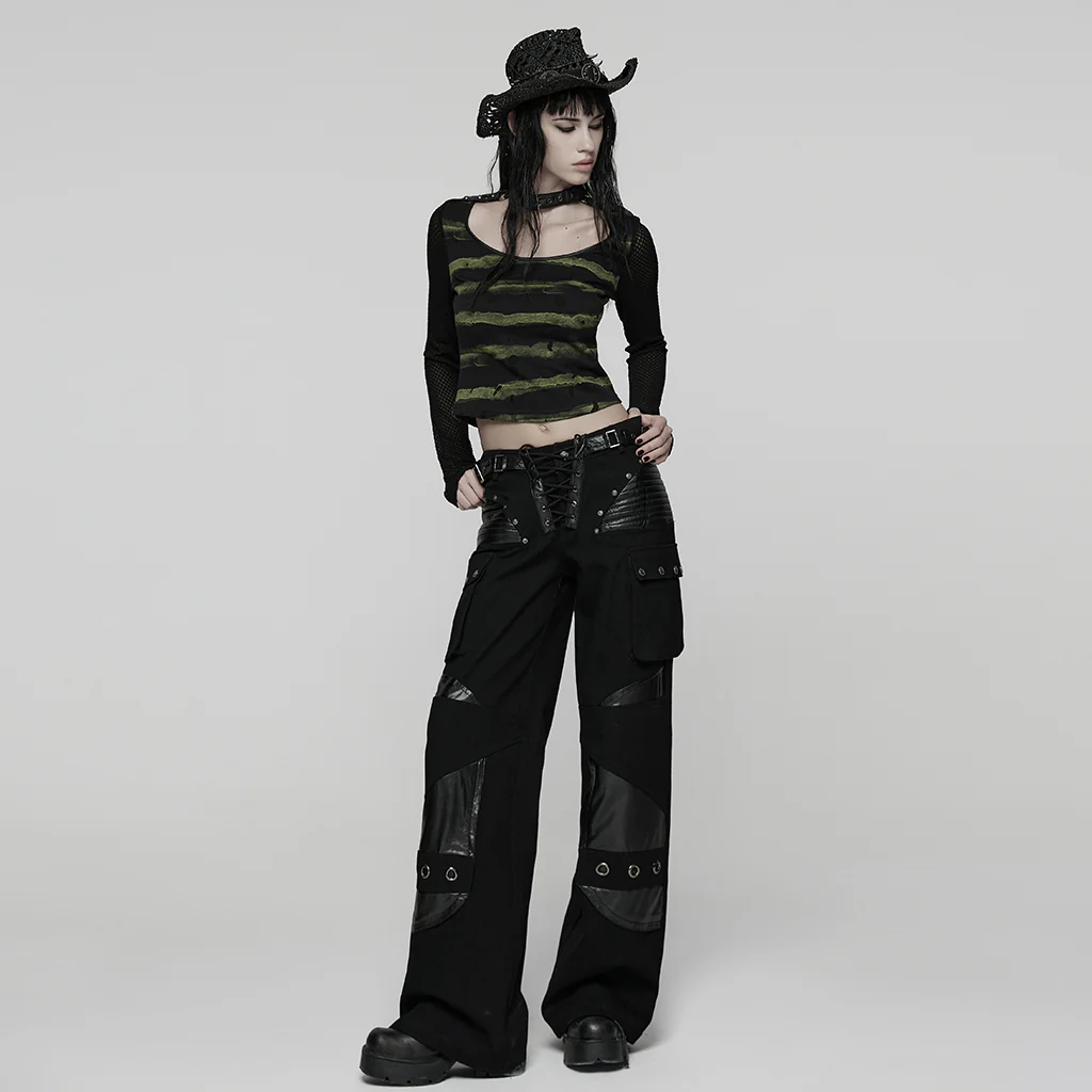 WT-1022TCF Edgy Gothic T-Shirt with Mesh Sleeves and Distressed Stripes - Image 5