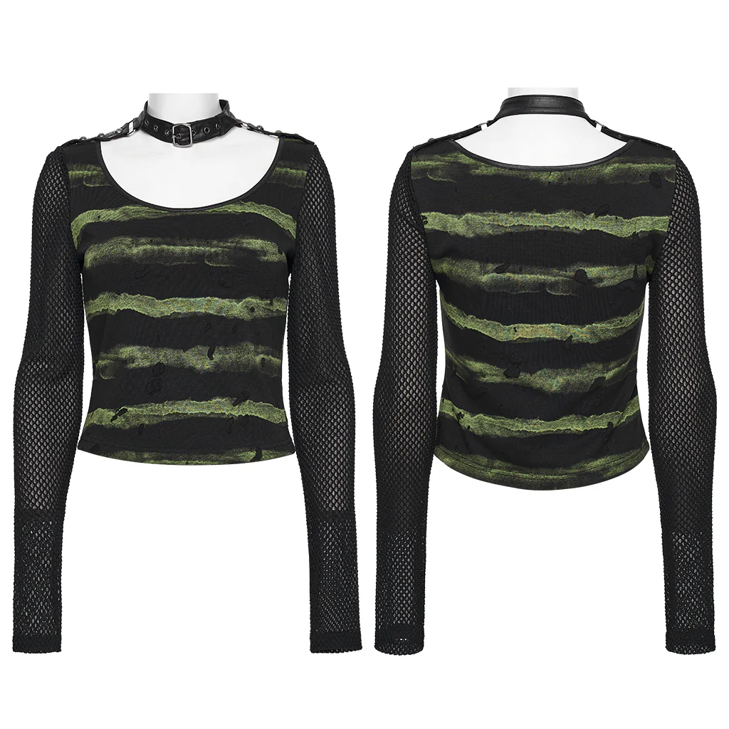 WT-1022TCF Edgy Gothic T-Shirt with Mesh Sleeves and Distressed Stripes - Image 6