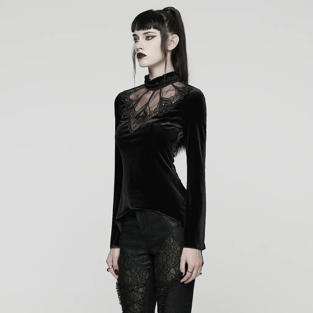 WT-1023TCF Velvet Gothic T-Shirts Mesh Hearts Lace Design Long Sleeve - Image 14