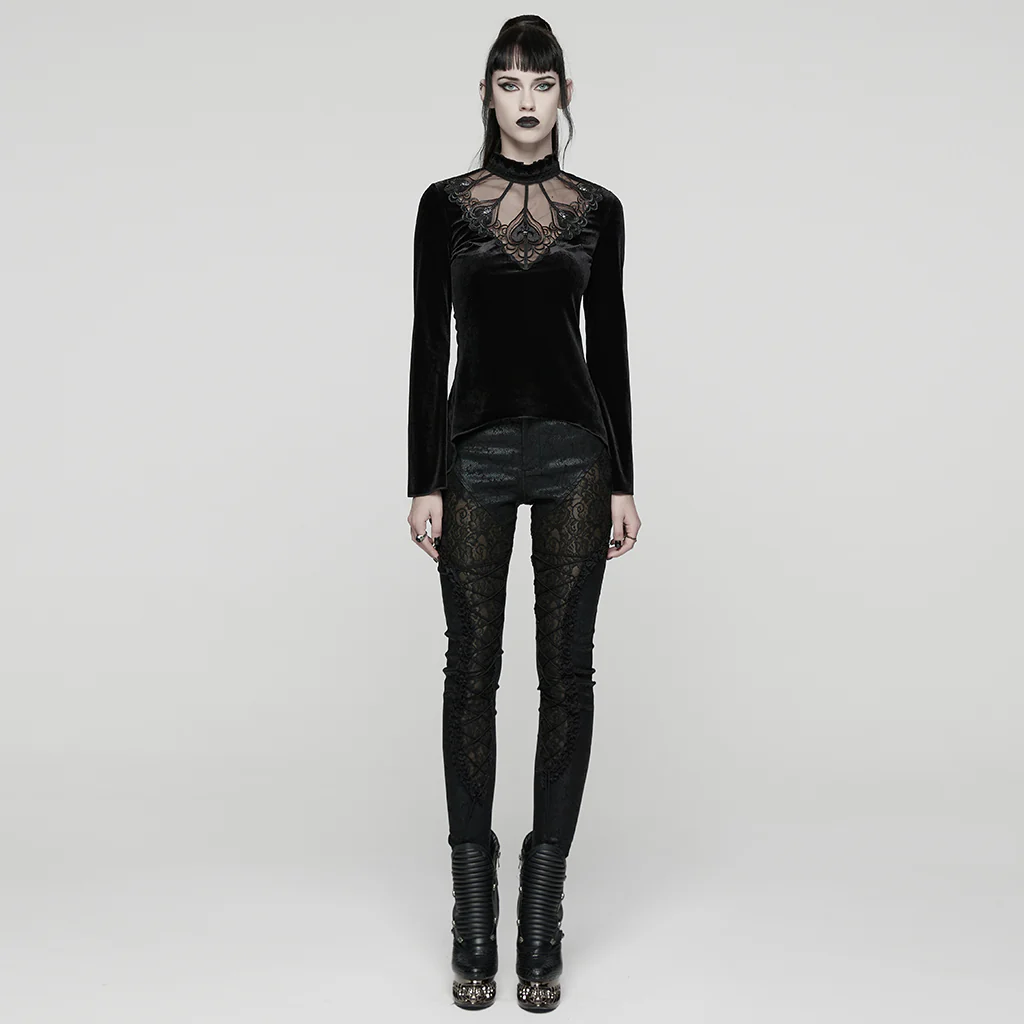 WT-1023TCF Velvet Gothic T-Shirts Mesh Hearts Lace Design Long Sleeve - Image 16