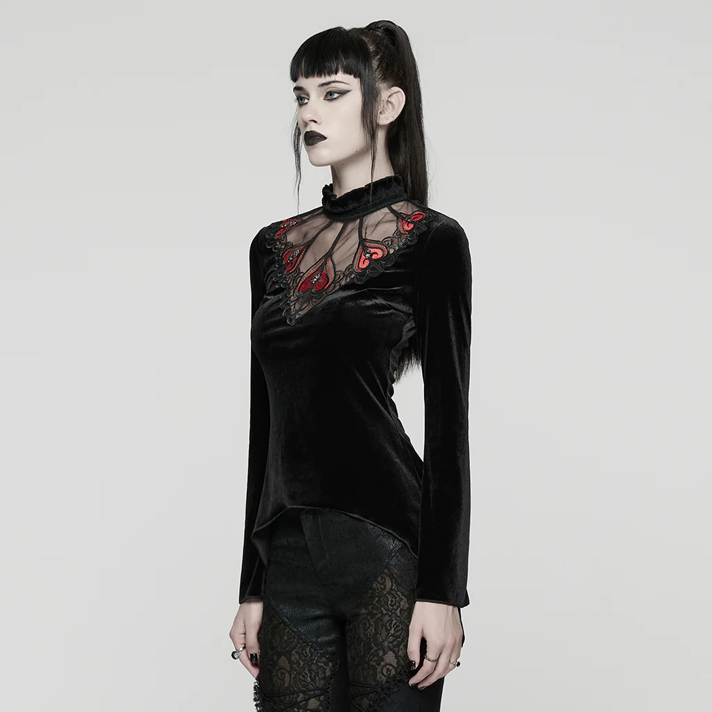 WT-1023TCF Velvet Gothic T-Shirts Mesh Hearts Lace Design Long Sleeve - Image 3