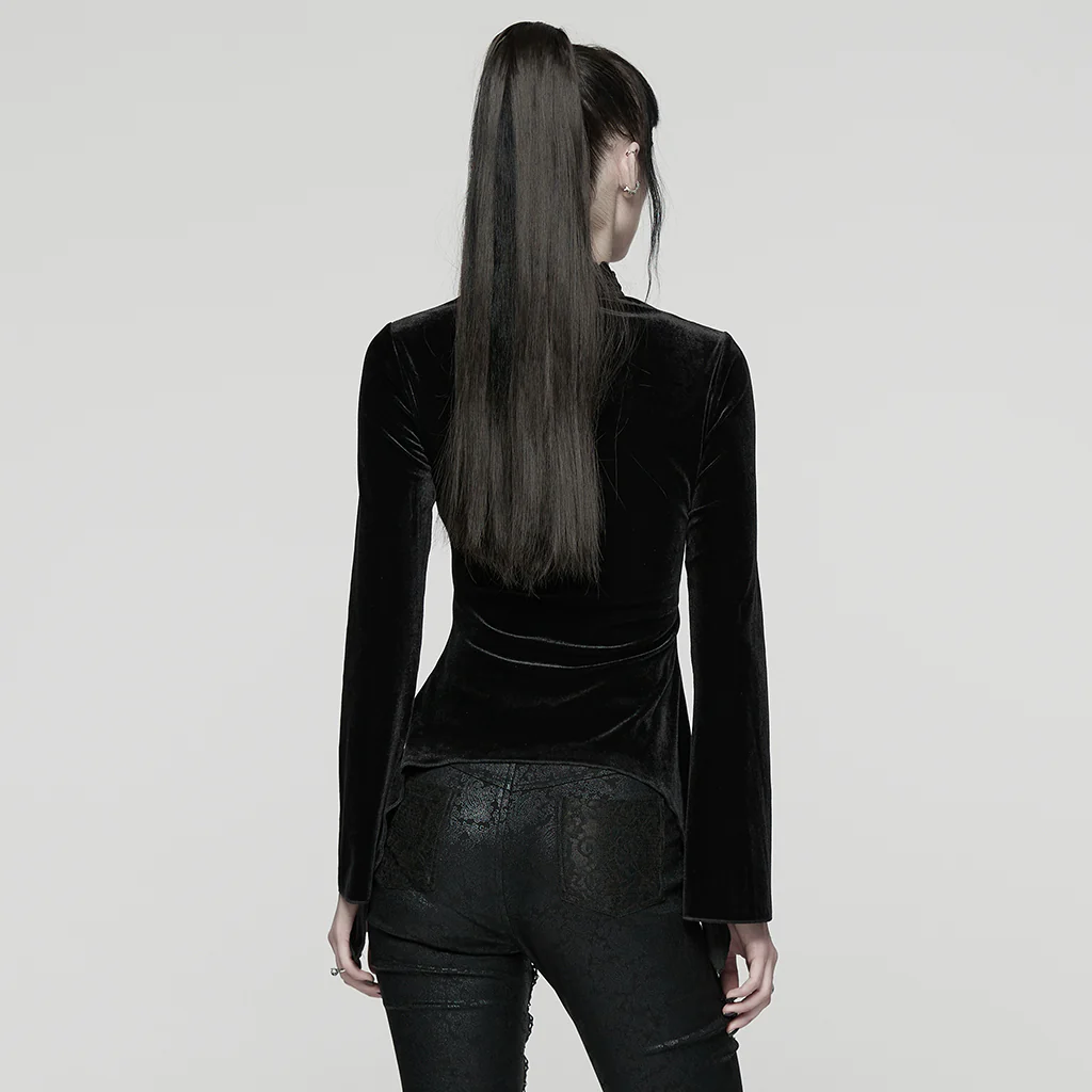 WT-1023TCF Velvet Gothic T-Shirts Mesh Hearts Lace Design Long Sleeve - Image 4