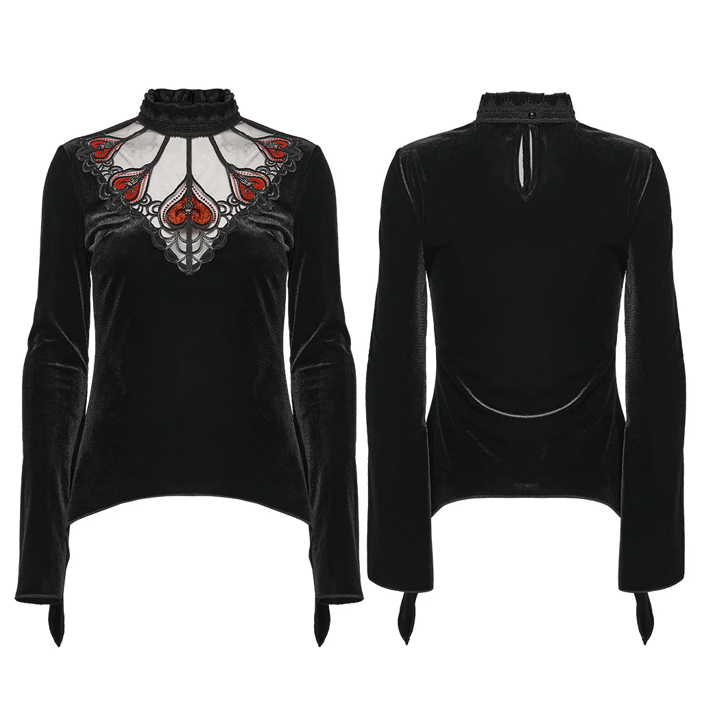 WT-1023TCF Velvet Gothic T-Shirts Mesh Hearts Lace Design Long Sleeve - Image 6