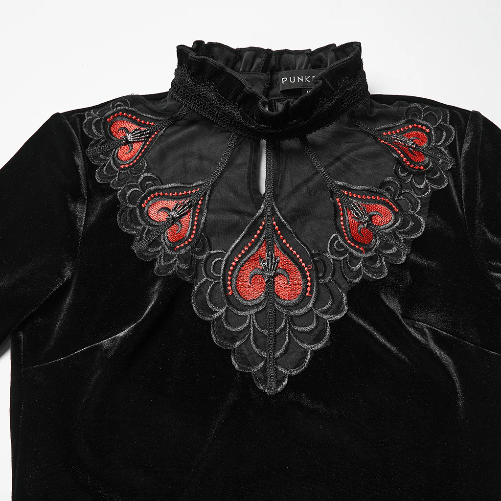 WT-1023TCF Velvet Gothic T-Shirts Mesh Hearts Lace Design Long Sleeve - Image 7