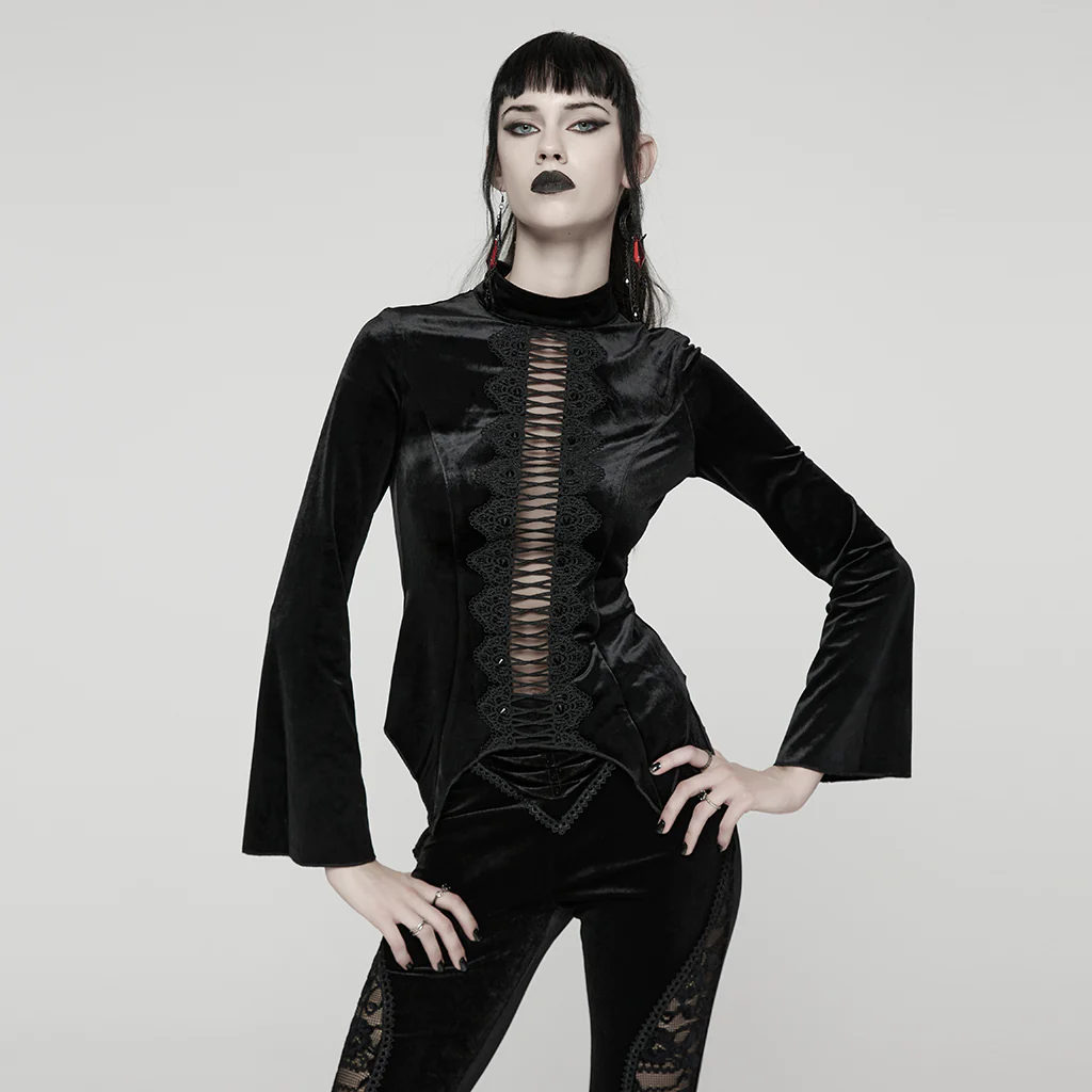 WT-1028TCF Velvet Gothic Shirt Lace-Up Front Bell Sleeves