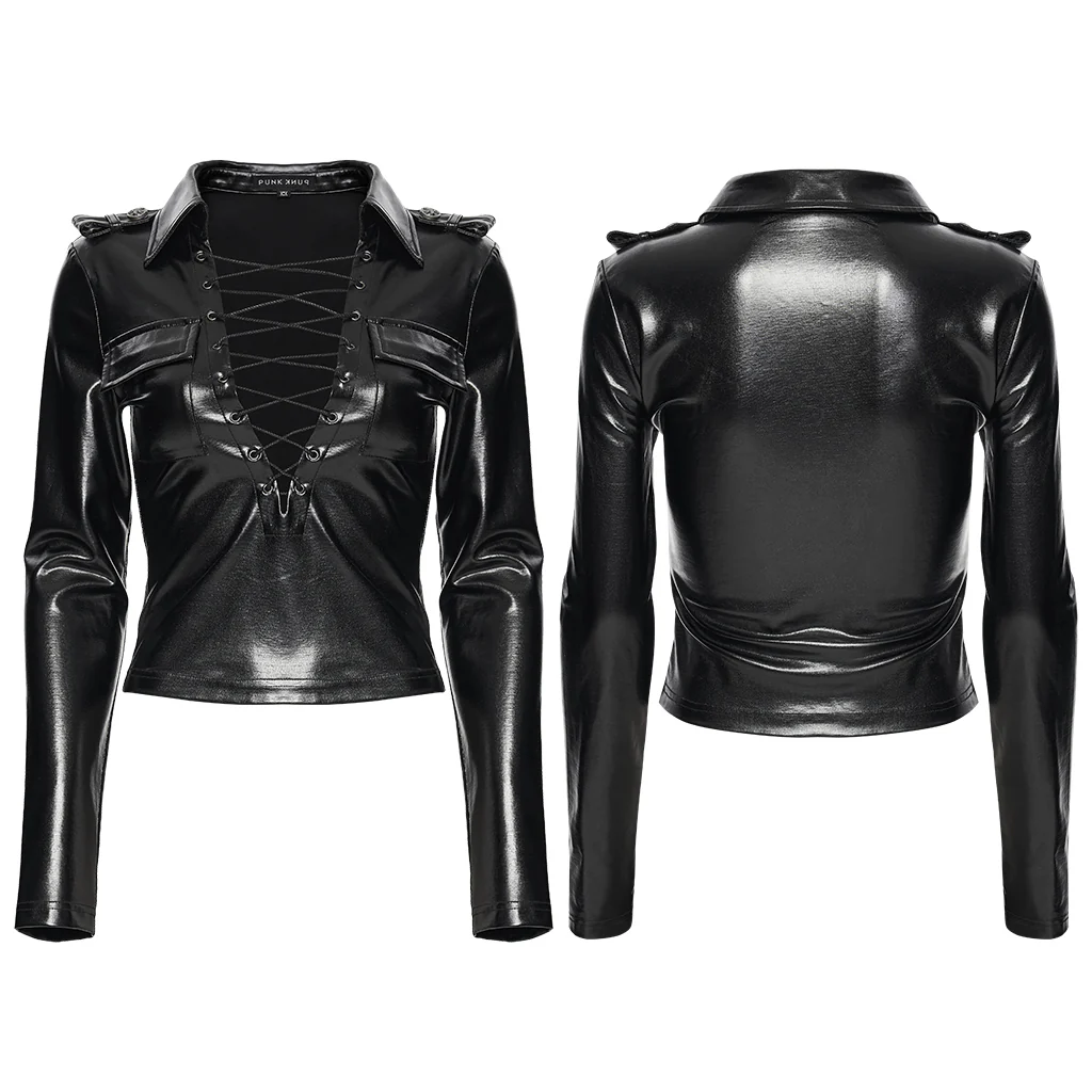 WT-1030TCF Edgy Lace-Up Black Leather Punk T-Shirts - Image 6