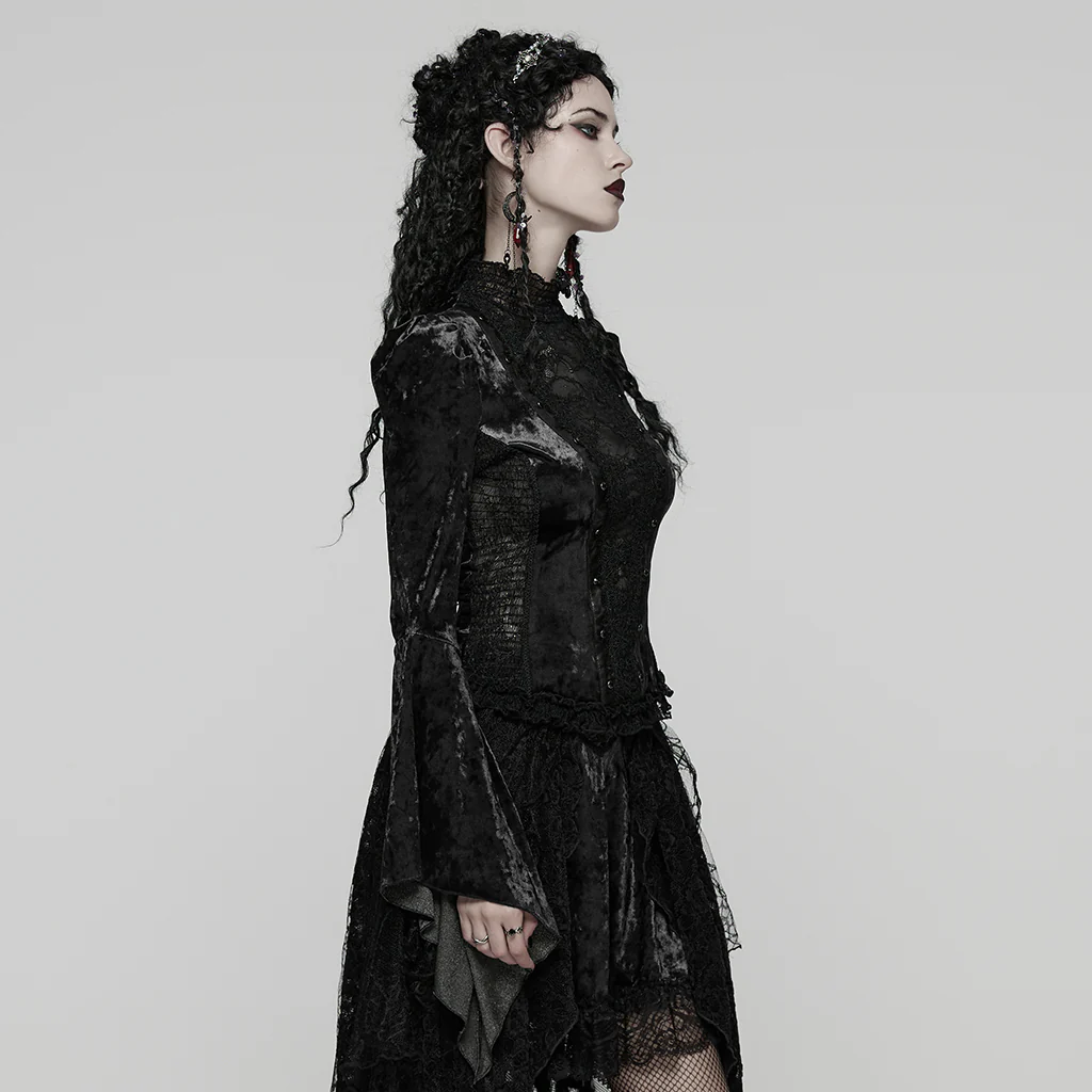 WT-1031TCF Velvet Lace Gothic Shirts Victorian Long Sleeve Top - Image 24