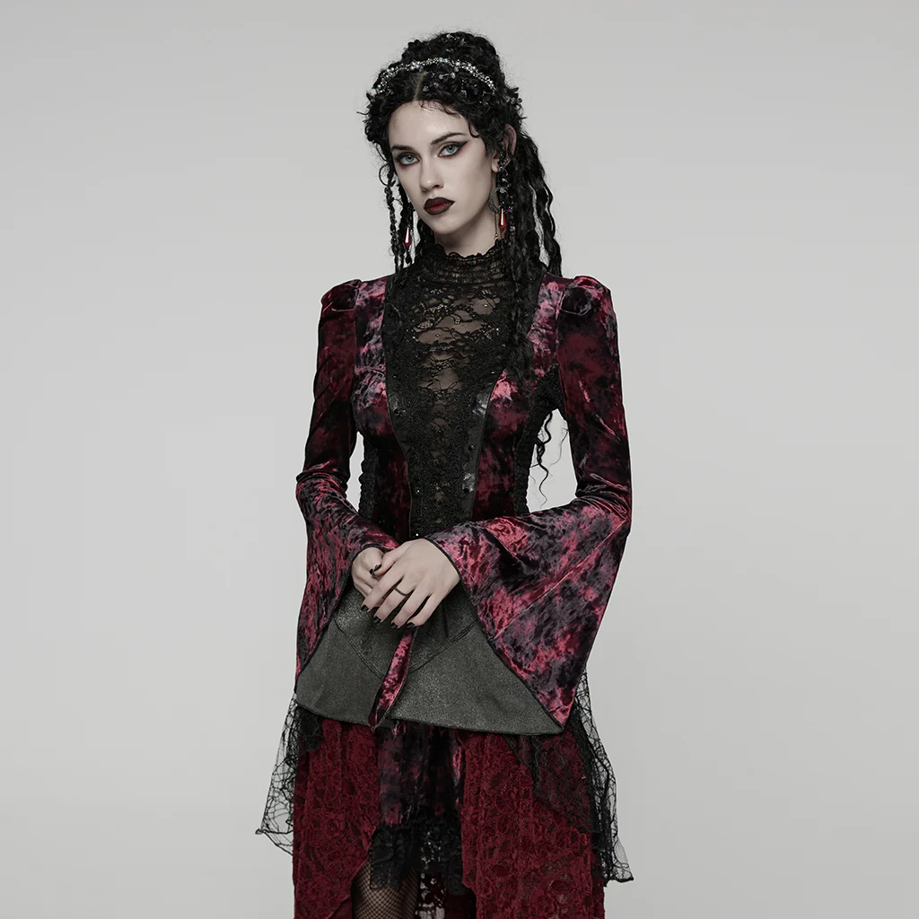WT-1031TCF Velvet Lace Gothic Shirts Victorian Long Sleeve Top - Image 3