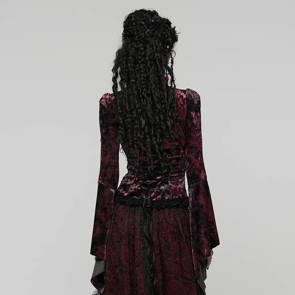 WT-1031TCF Velvet Lace Gothic Shirts Victorian Long Sleeve Top - Image 4