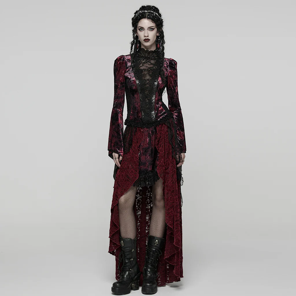 WT-1031TCF Velvet Lace Gothic Shirts Victorian Long Sleeve Top - Image 5