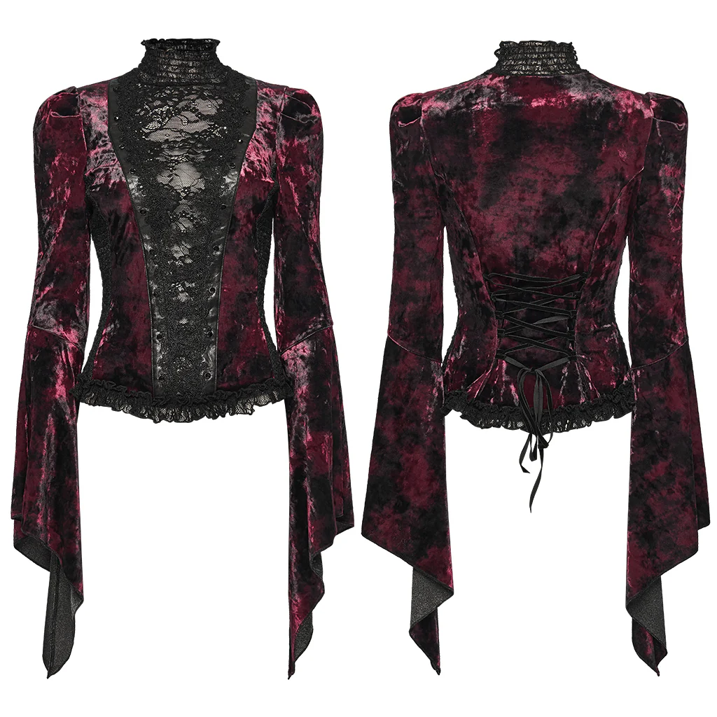 WT-1031TCF Velvet Lace Gothic Shirts Victorian Long Sleeve Top - Image 6