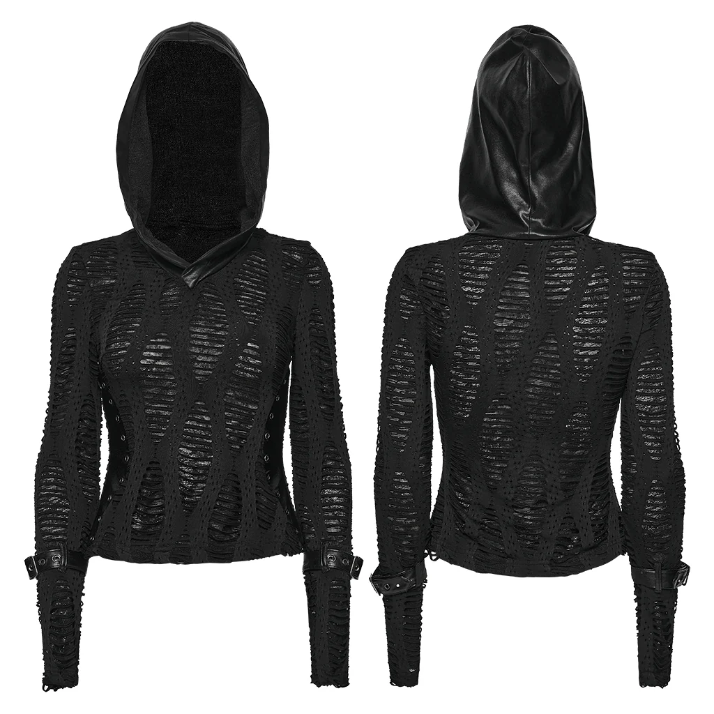 WT-1033TCF Edgy Punk T-Shirts Black Gothic Cutout Buckle Design - Image 6