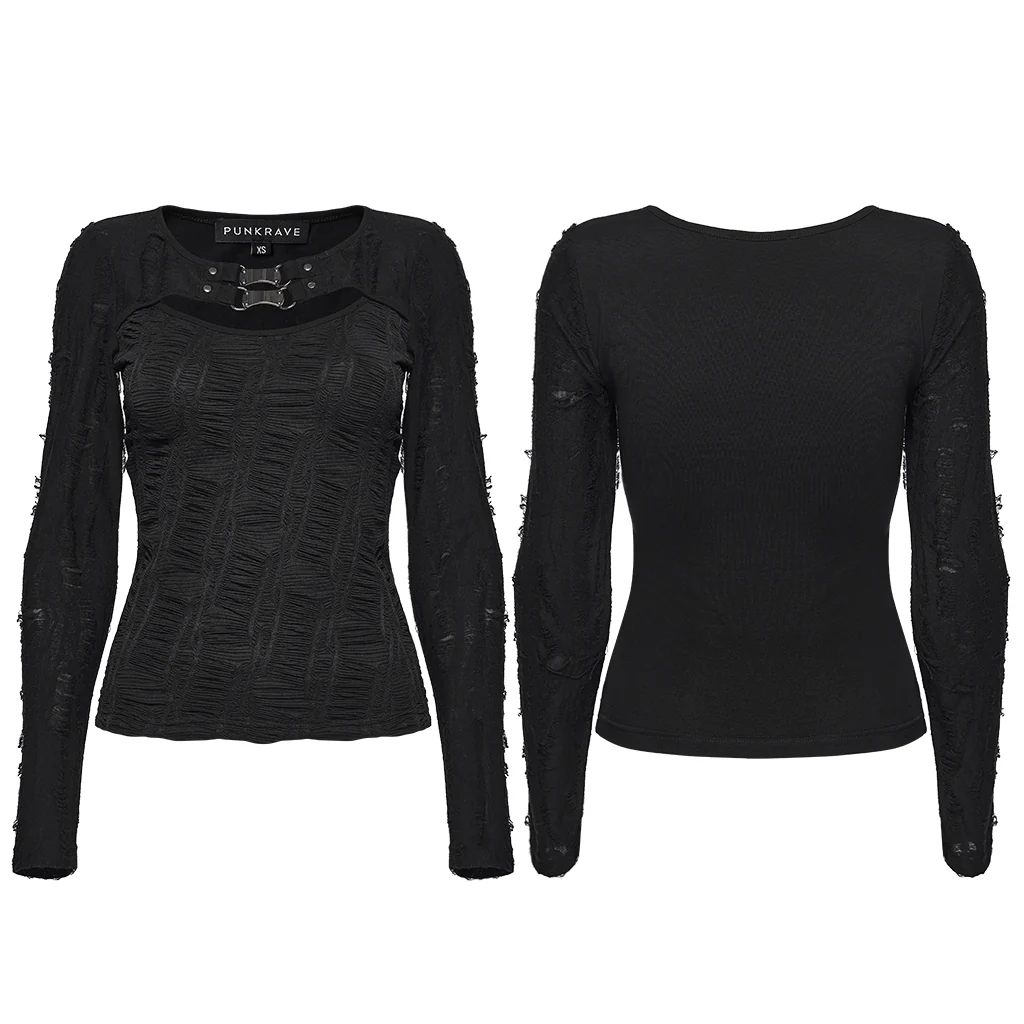 WT-1034TCF Gothic Buckle Strap Black Long Sleeve Punk T-Shirt - Image 6