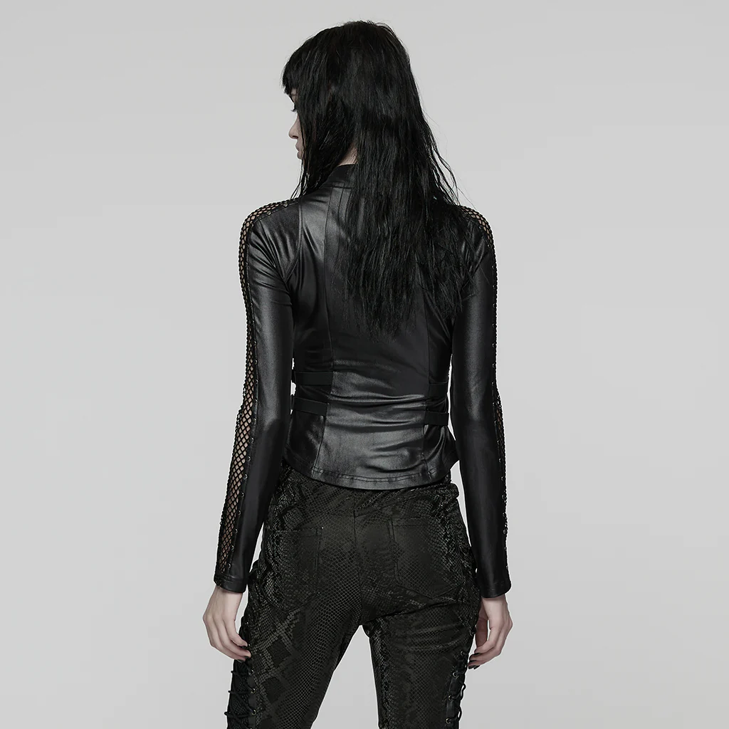 WT-1037TCF Edgy Mesh Detail Gothic Punk Jackets Long Sleeve Zipper Front - Image 4