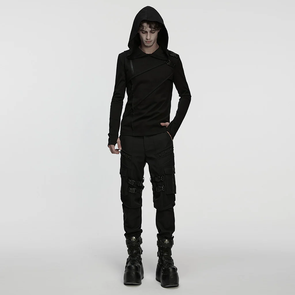 WT-1038TCM Mens Gothic Hooded Buckle Punk T-Shirts Long Sleeve Unique - Image 5