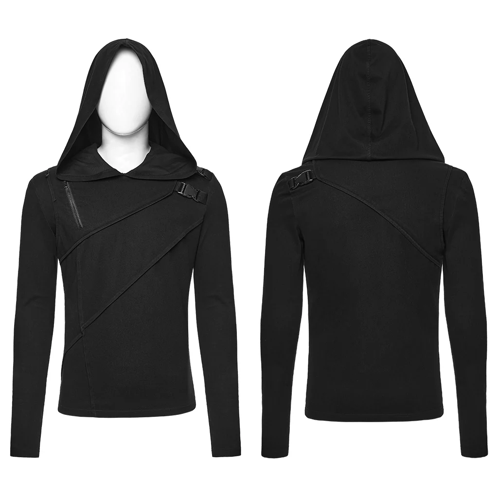 WT-1038TCM Mens Gothic Hooded Buckle Punk T-Shirts Long Sleeve Unique - Image 6
